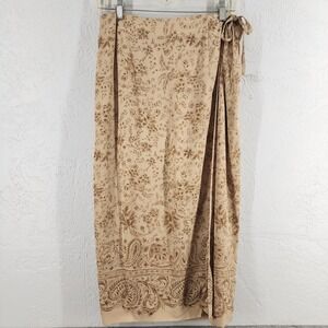 Talbots 14P Tan Floral Paisley Pure Silk Wrap Midi Skirt Cottagecore Womens